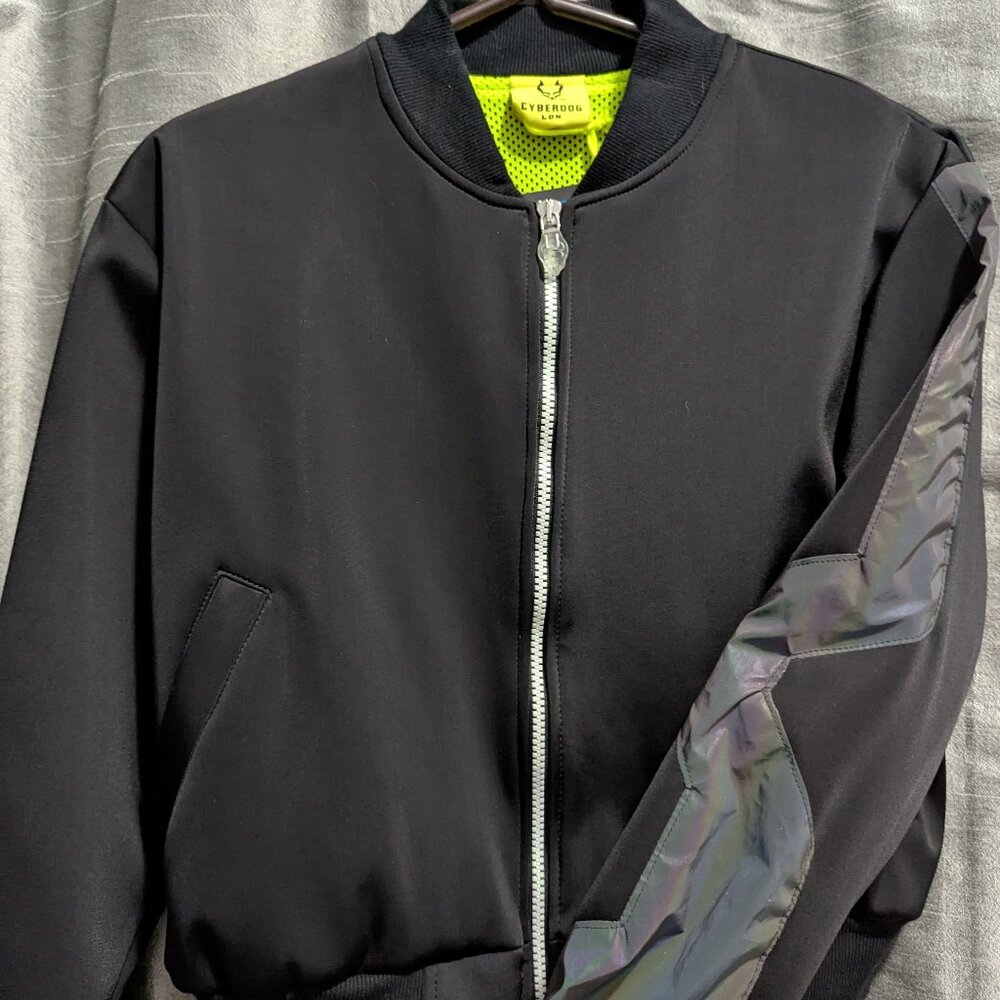 Cyberdog Cropped Bomber Flight Jacket Black Reflective Large